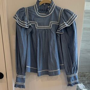 Ulla Johnson Ruffled Yoke Blouse with Contrast Trim